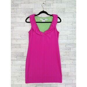 Women's Gretchen Scott Shift Dress Hot Pink Green Ruffle Preppy Size S Small